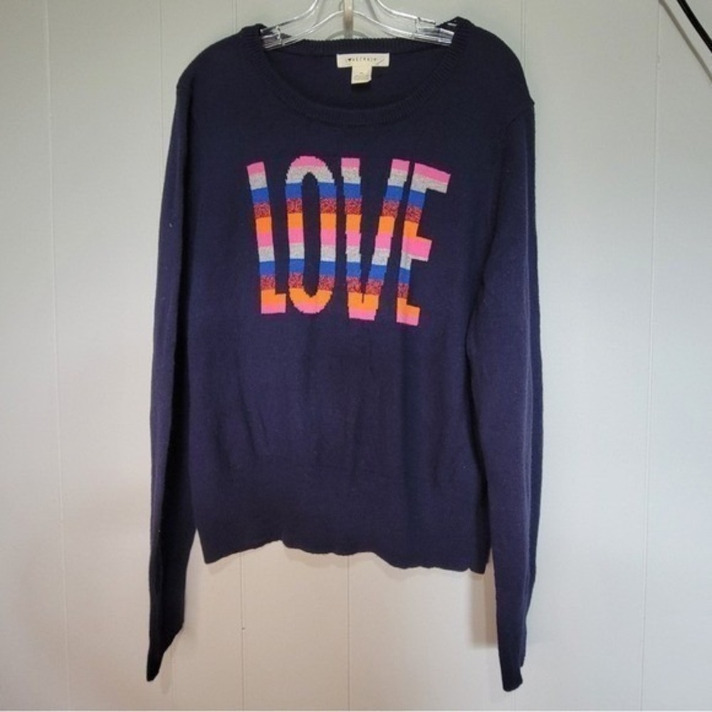 Lovecrazy Womens Navy Blue Love Graphic Striped Knit Pullover Sweater XL